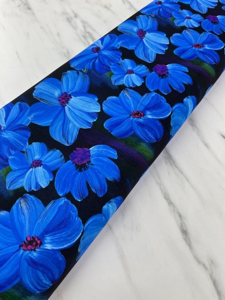 Mavi Geranium Desen Elbiselik Gömleklik Krep Kumaş