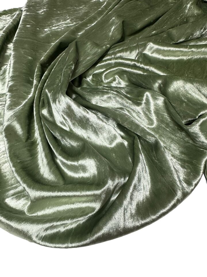 Haki Yeşili JanJan Likralı Elbiselik İpek Kadife Kumaş