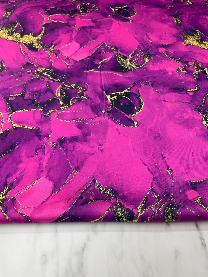 Fuşya Mermer Desen Elbiselik Gömleklik Tivil Saten Kumaş