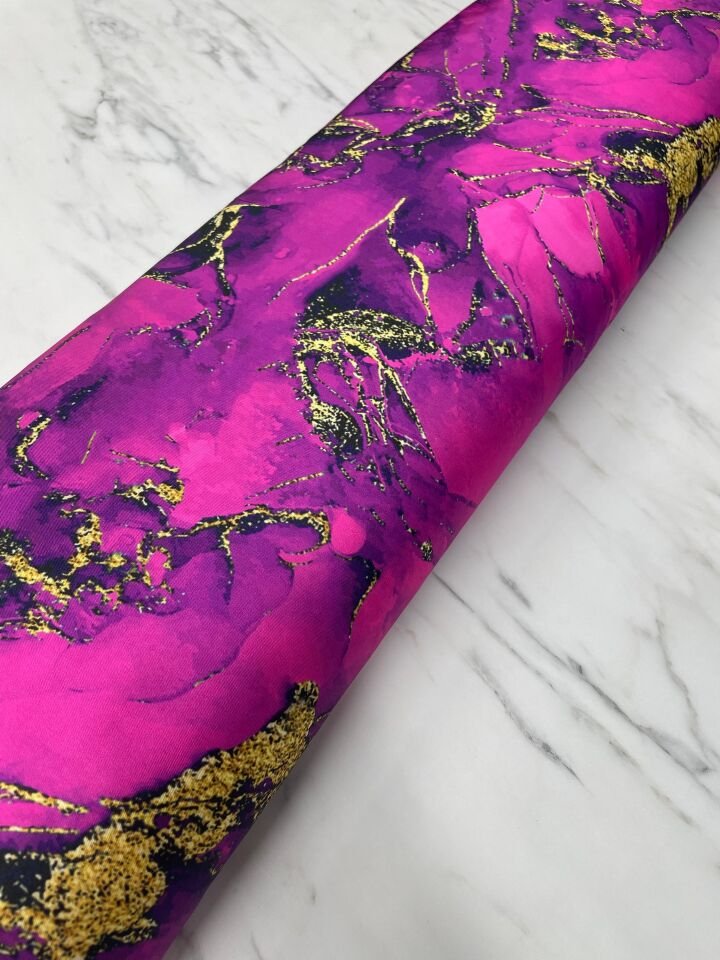 Fuşya Mermer Desen Elbiselik Gömleklik Tivil Saten Kumaş