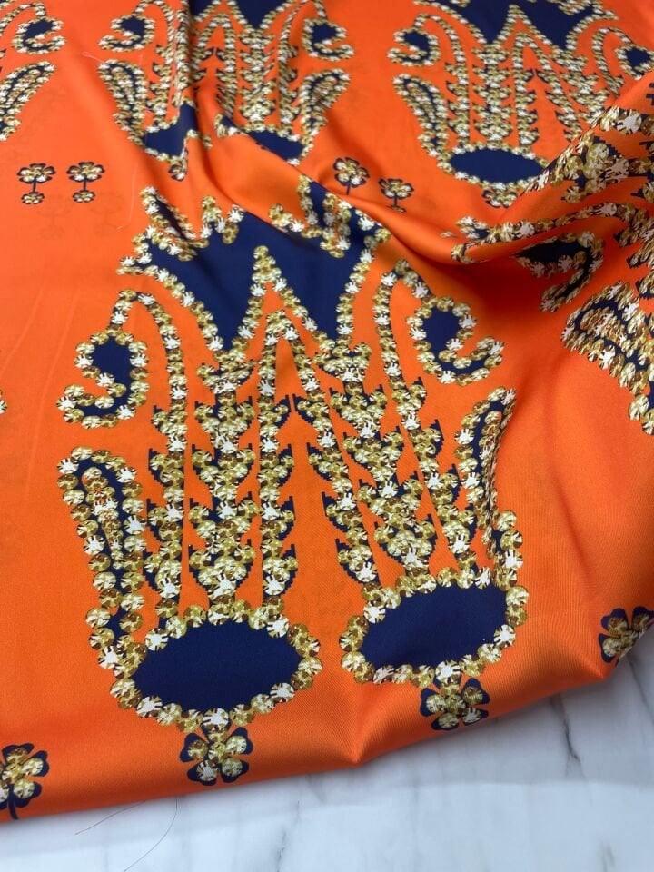 Turuncu İkat Desen Elbiselik Gömleklik Tivil Saten Kumaş
