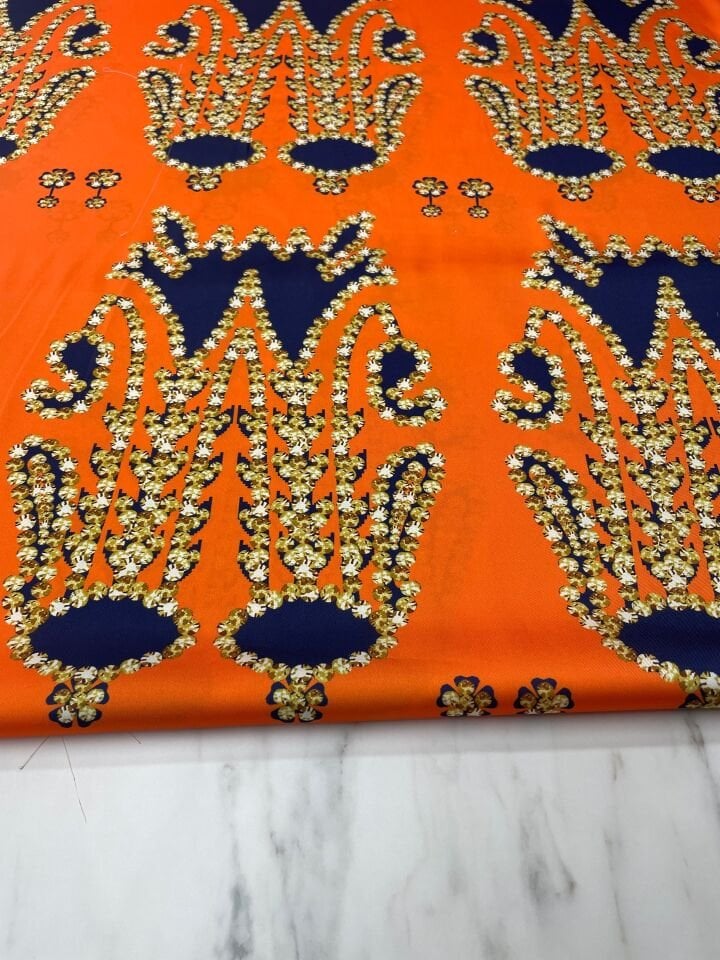 Turuncu İkat Desen Elbiselik Gömleklik Tivil Saten Kumaş