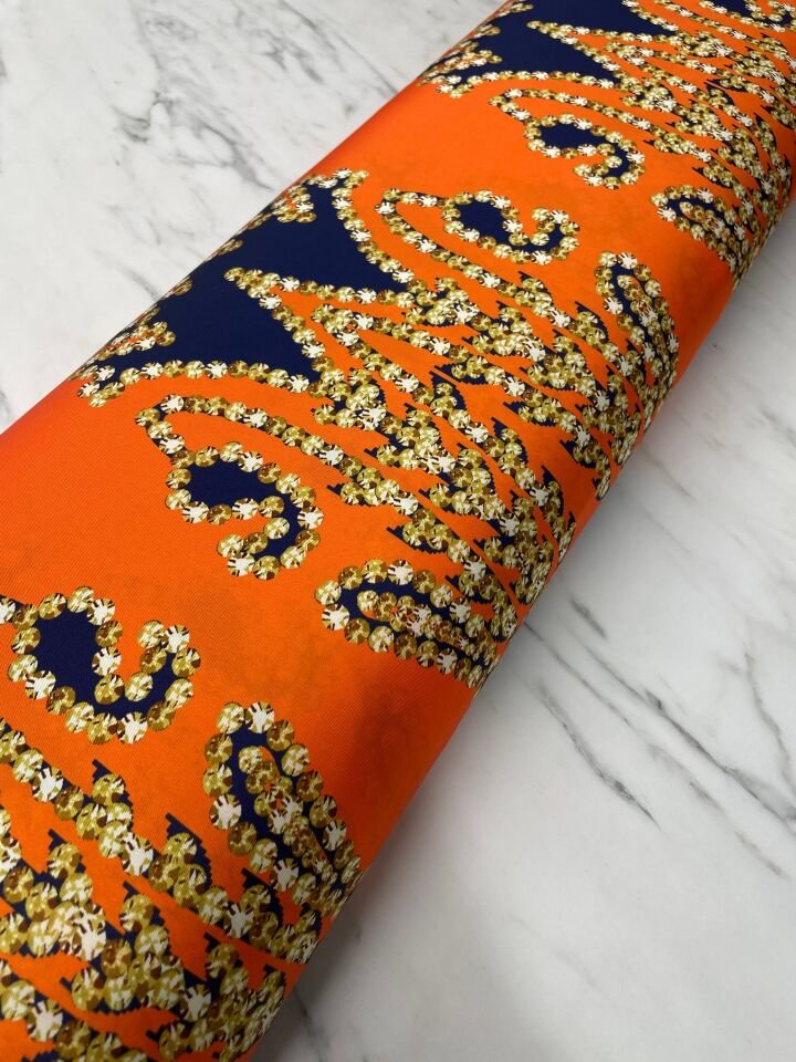 Turuncu İkat Desen Elbiselik Gömleklik Tivil Saten Kumaş