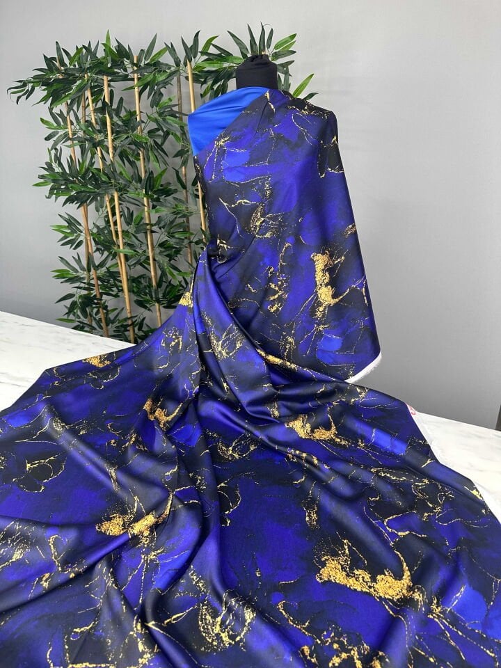 Lacivert Mermer Desen Elbiselik Gömleklik Tivil Saten Kumaş