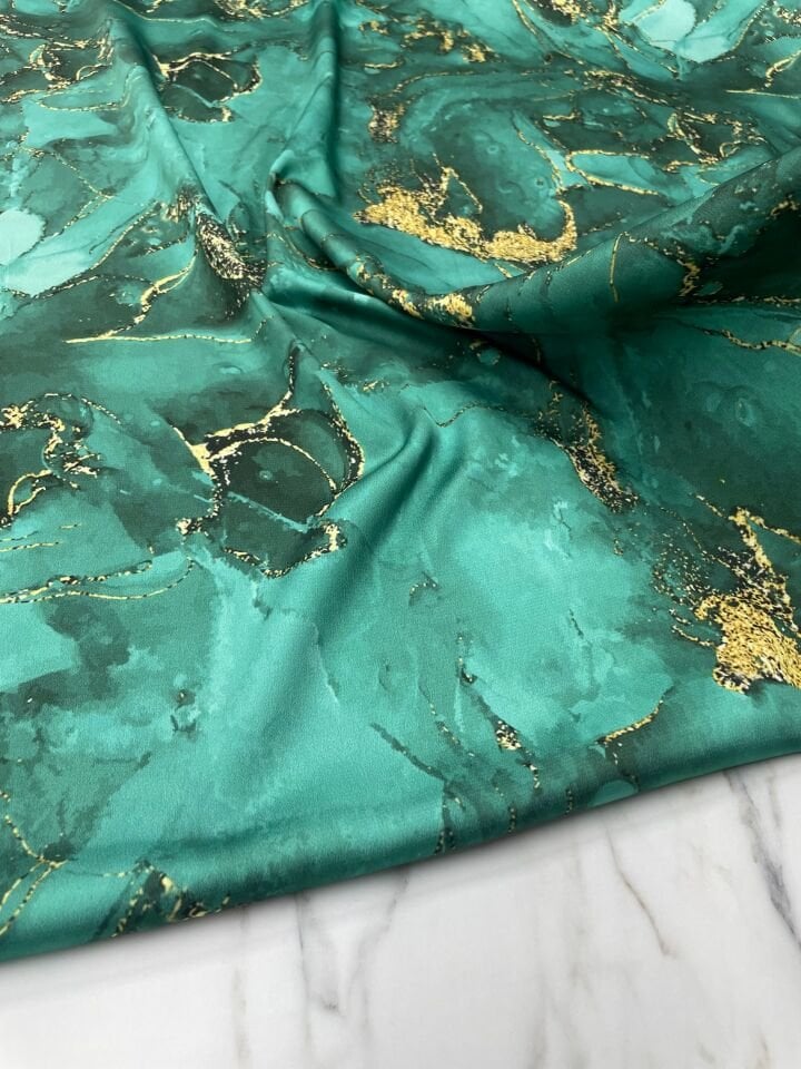 Turkuaz Mermer Desen Elbiselik Gömleklik Tivil Saten Kumaş
