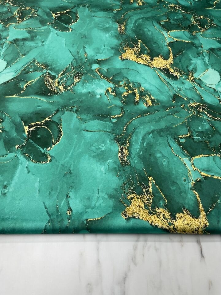 Turkuaz Mermer Desen Elbiselik Gömleklik Tivil Saten Kumaş