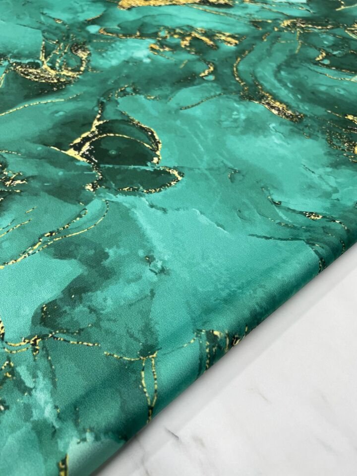 Turkuaz Mermer Desen Elbiselik Gömleklik Tivil Saten Kumaş