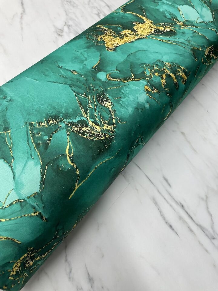 Turkuaz Mermer Desen Elbiselik Gömleklik Tivil Saten Kumaş