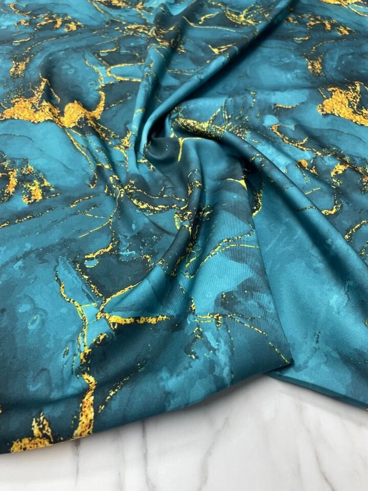 Mavi Mermer Desen Elbiselik Gömleklik Tivil Saten Kumaş
