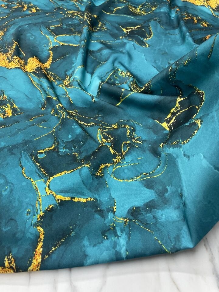 Mavi Mermer Desen Elbiselik Gömleklik Tivil Saten Kumaş