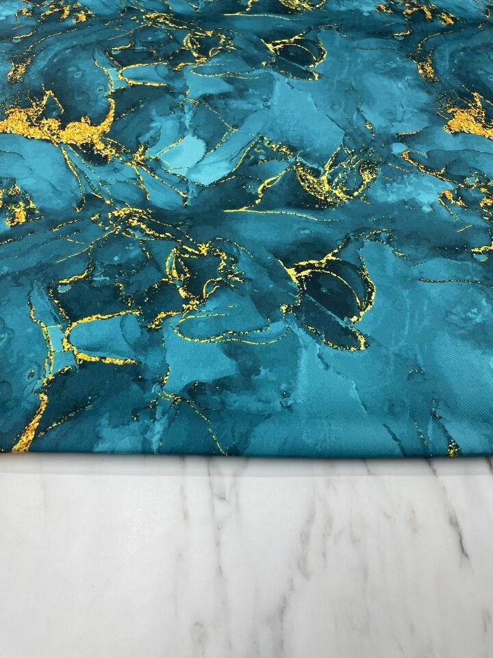 Mavi Mermer Desen Elbiselik Gömleklik Tivil Saten Kumaş