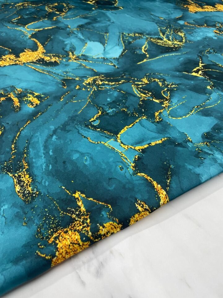Mavi Mermer Desen Elbiselik Gömleklik Tivil Saten Kumaş
