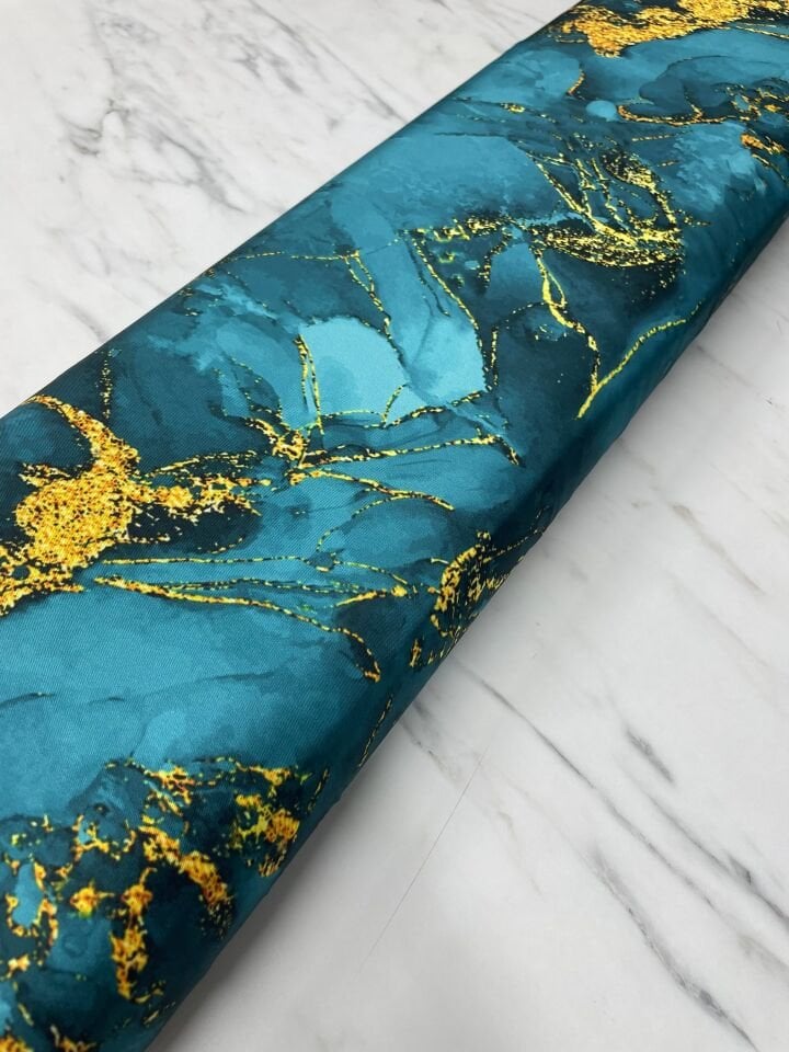Mavi Mermer Desen Elbiselik Gömleklik Tivil Saten Kumaş