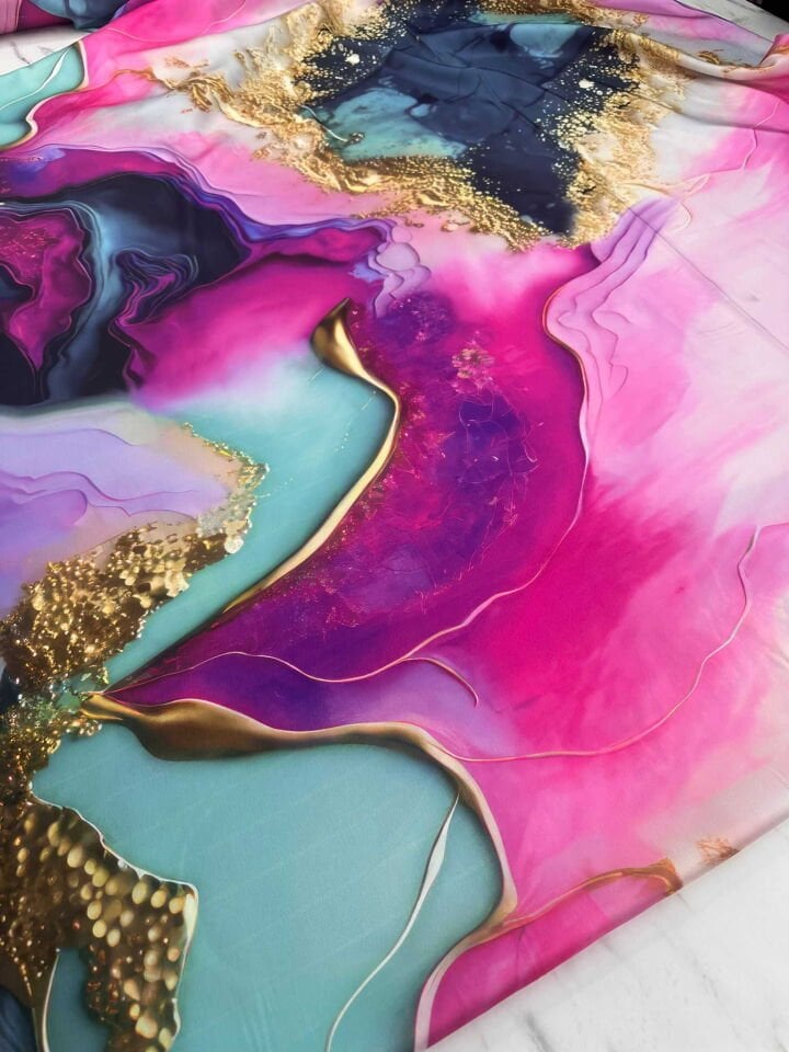 Desenli İpek Saten Elbise Gömlek Şalvar Etek