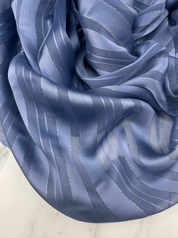 İndigo Mavi Simli Elbiselik Gömleklik Şifon Kumaş