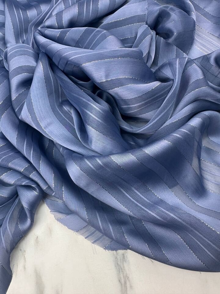 İndigo Mavi Simli Elbiselik Gömleklik Şifon Kumaş