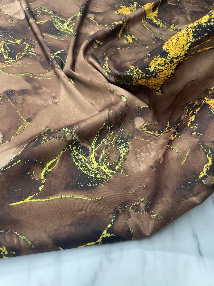 Kahverengi Mermer Desen Elbiselik Gömleklik Tivil Saten Kumaş