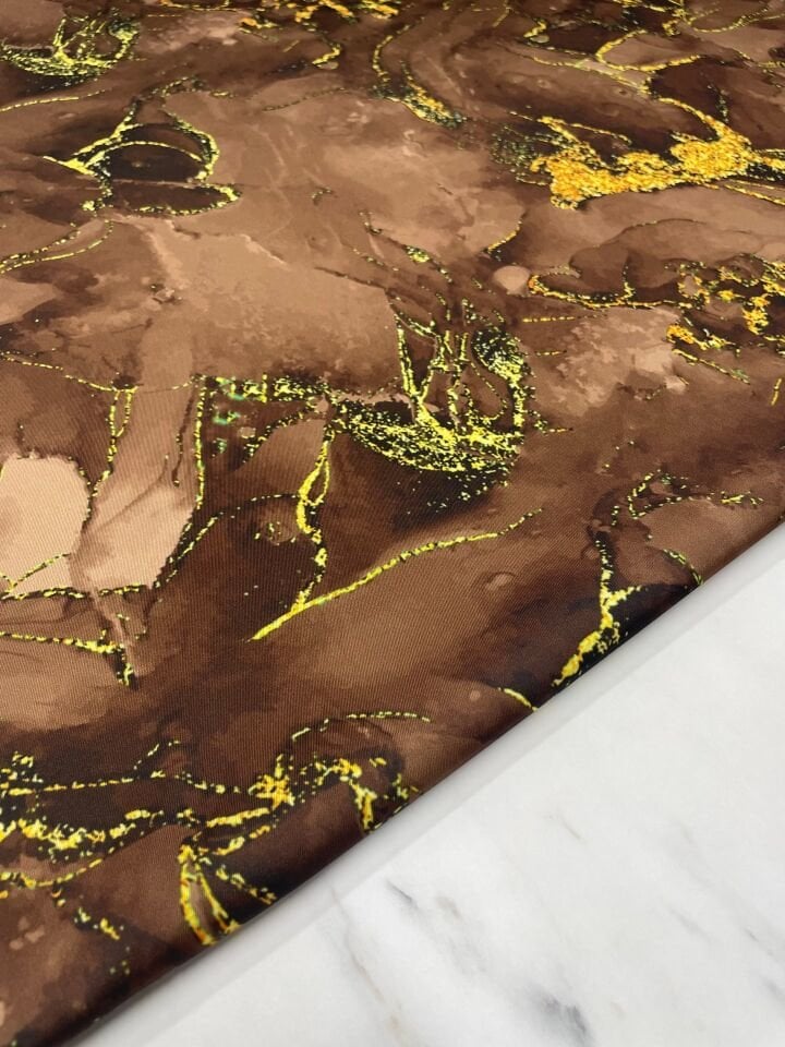 Kahverengi Mermer Desen Elbiselik Gömleklik Tivil Saten Kumaş
