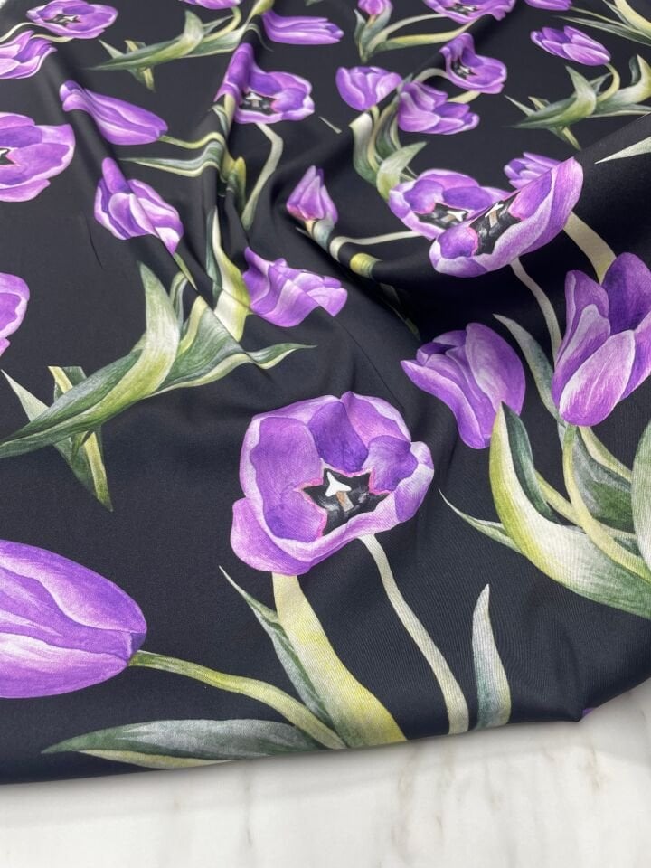 Mor Lale Desen Elbiselik Gömleklik Tivil Saten Kumaş