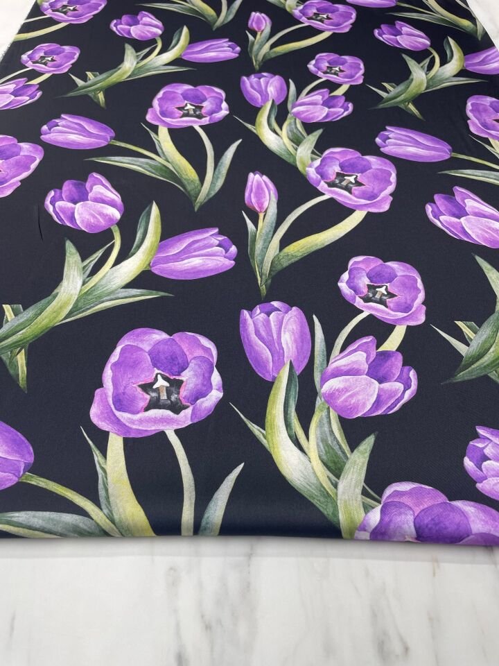 Mor Lale Desen Elbiselik Gömleklik Tivil Saten Kumaş