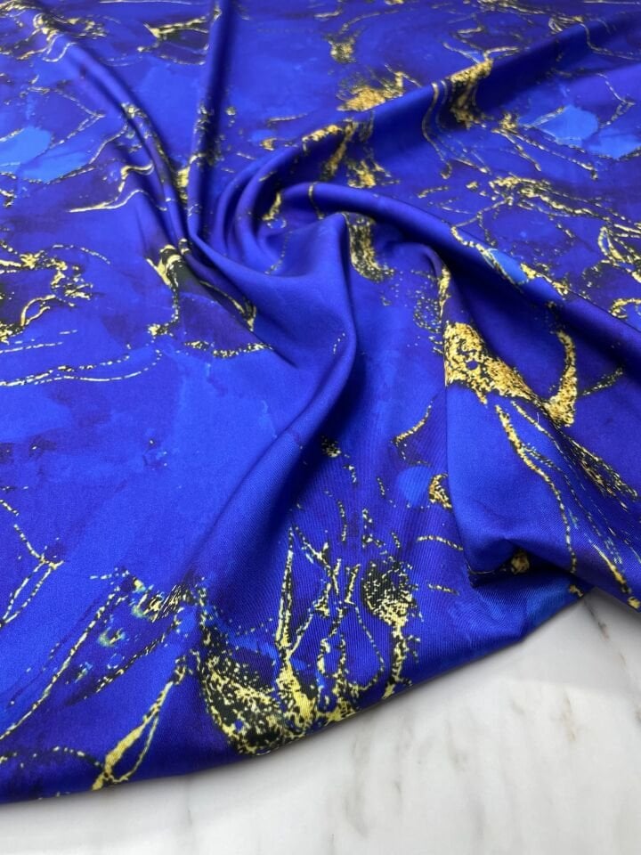 Saks Mavisi Mermer Desen Elbiselik Gömleklik Tivil Saten Kumaş