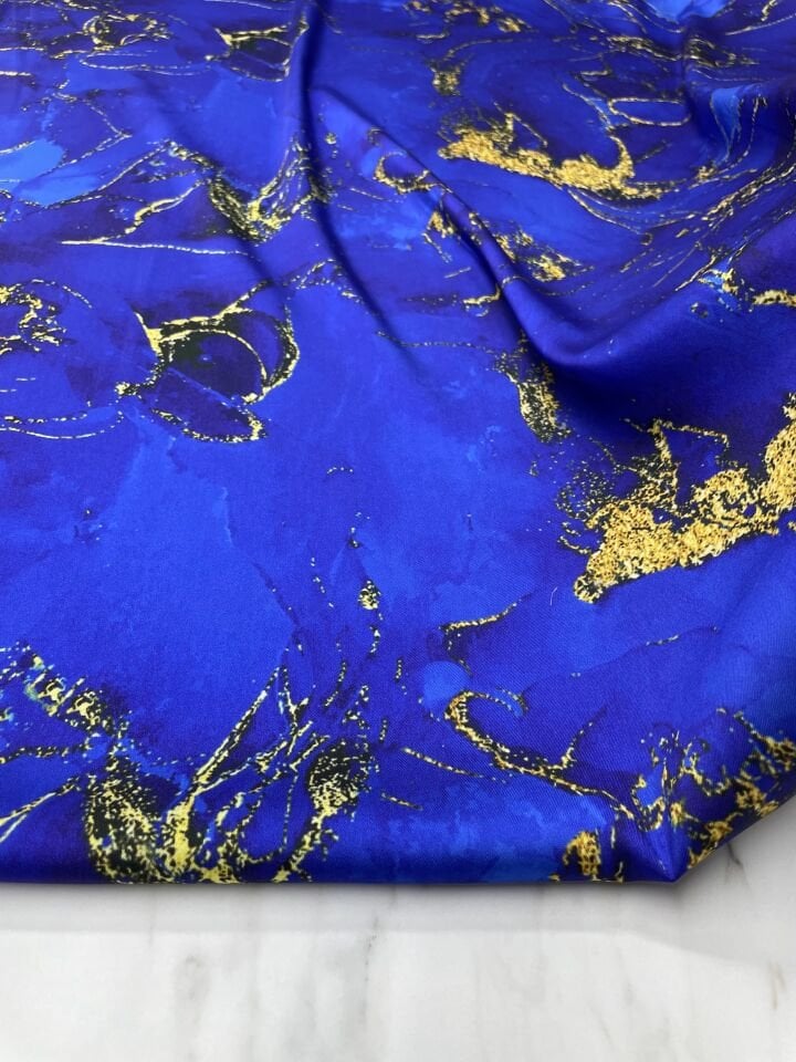 Saks Mavisi Mermer Desen Elbiselik Gömleklik Tivil Saten Kumaş