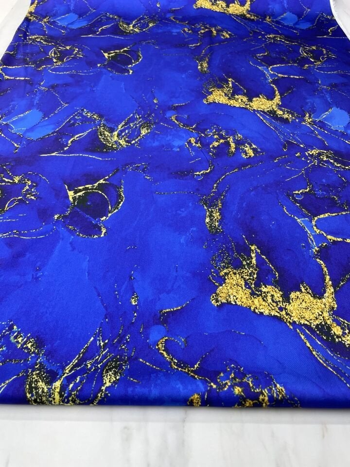 Saks Mavisi Mermer Desen Elbiselik Gömleklik Tivil Saten Kumaş