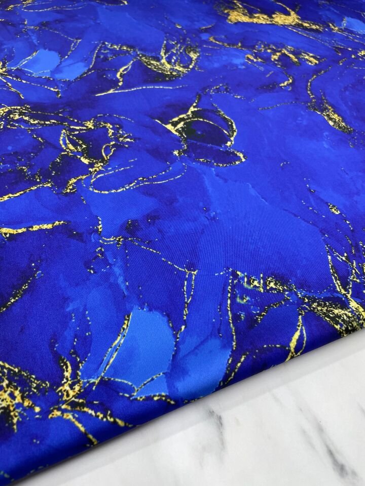 Saks Mavisi Mermer Desen Elbiselik Gömleklik Tivil Saten Kumaş