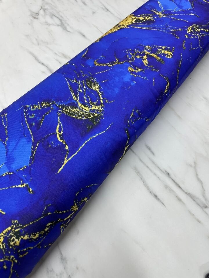 Saks Mavisi Mermer Desen Elbiselik Gömleklik Tivil Saten Kumaş