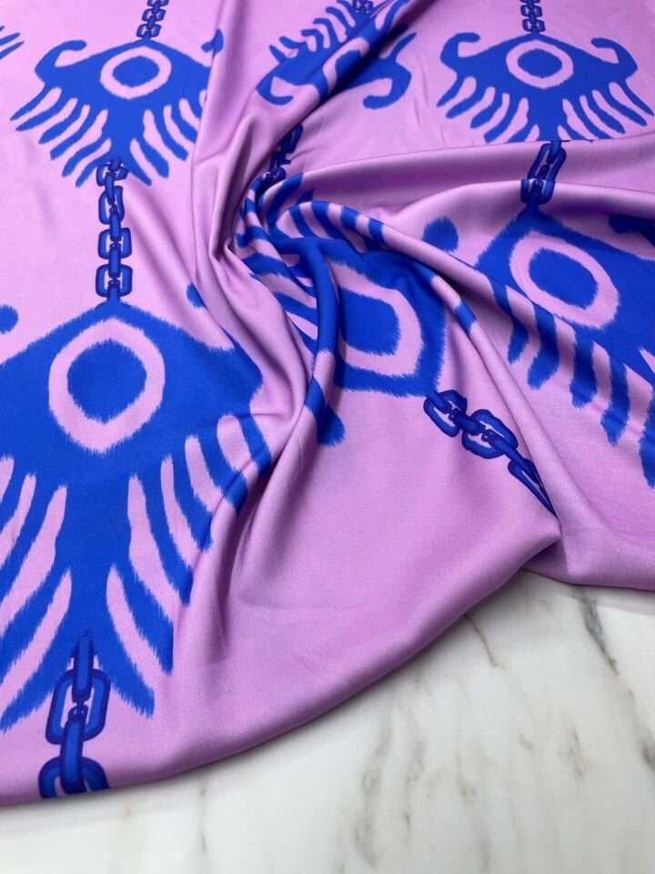 Mavi İkat Desen Elbiselik Gömleklik Tivil Saten Kumaş