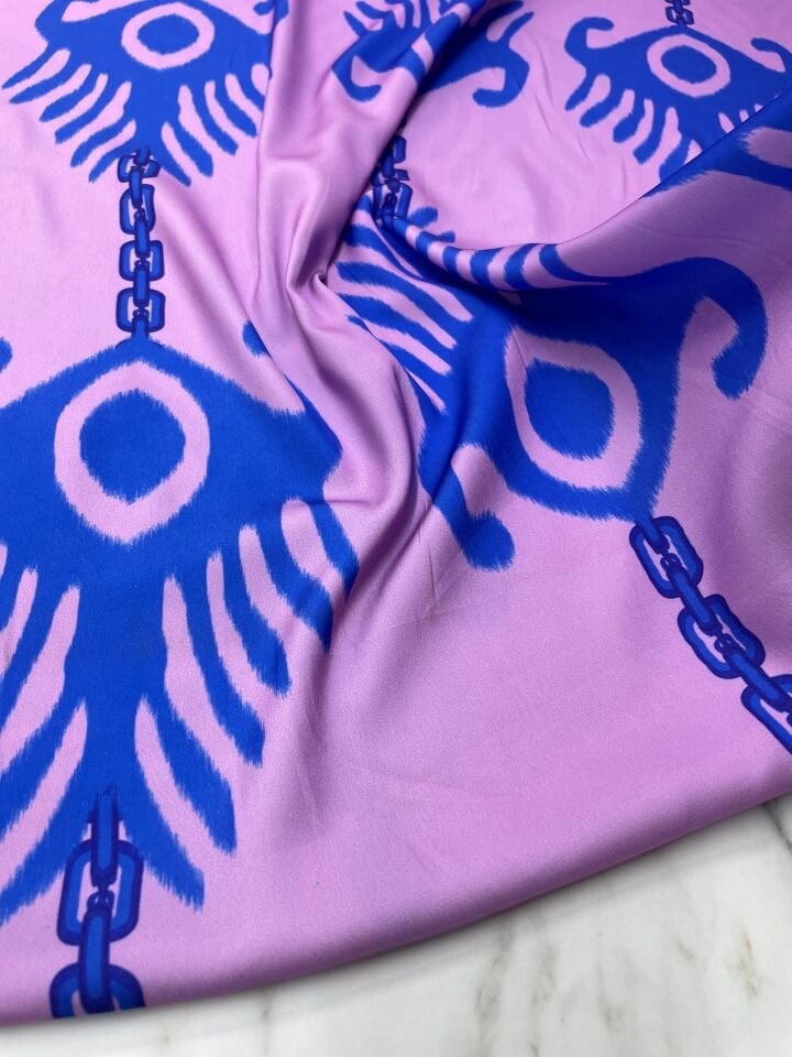 Mavi İkat Desen Elbiselik Gömleklik Tivil Saten Kumaş