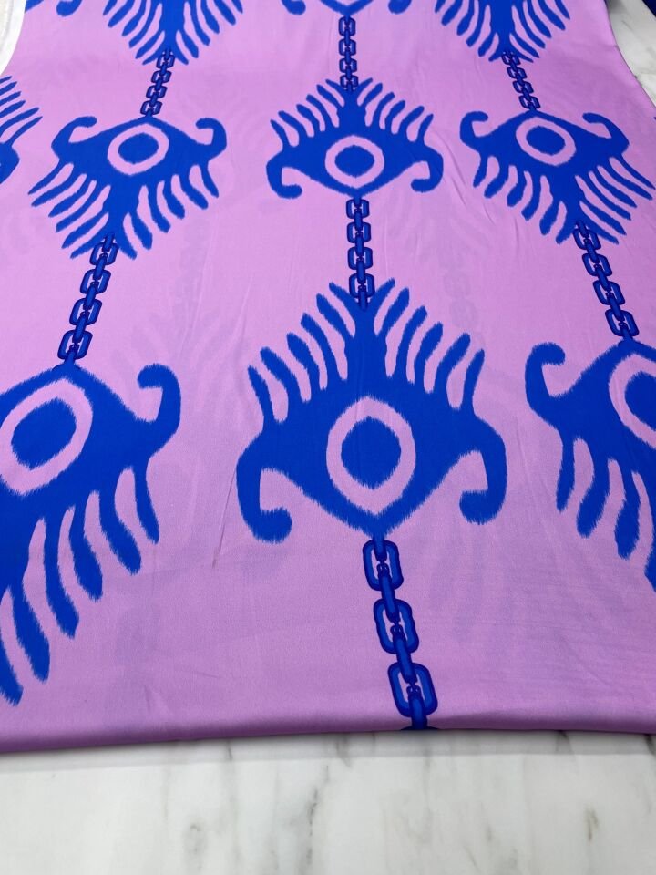 Mavi İkat Desen Elbiselik Gömleklik Tivil Saten Kumaş