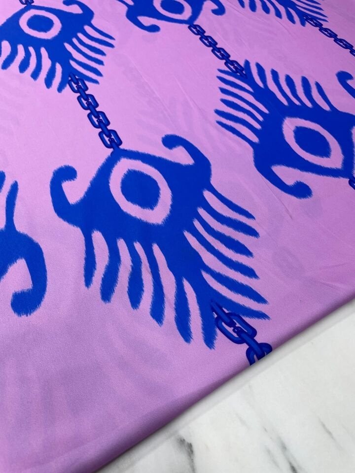 Mavi İkat Desen Elbiselik Gömleklik Tivil Saten Kumaş