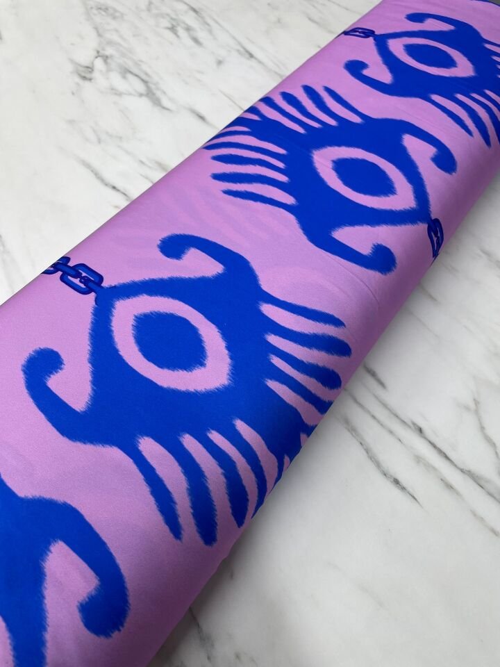 Mavi İkat Desen Elbiselik Gömleklik Tivil Saten Kumaş