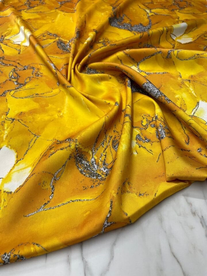 Sarı Mermer Desen Elbiselik Gömleklik Tivil Saten Kumaş