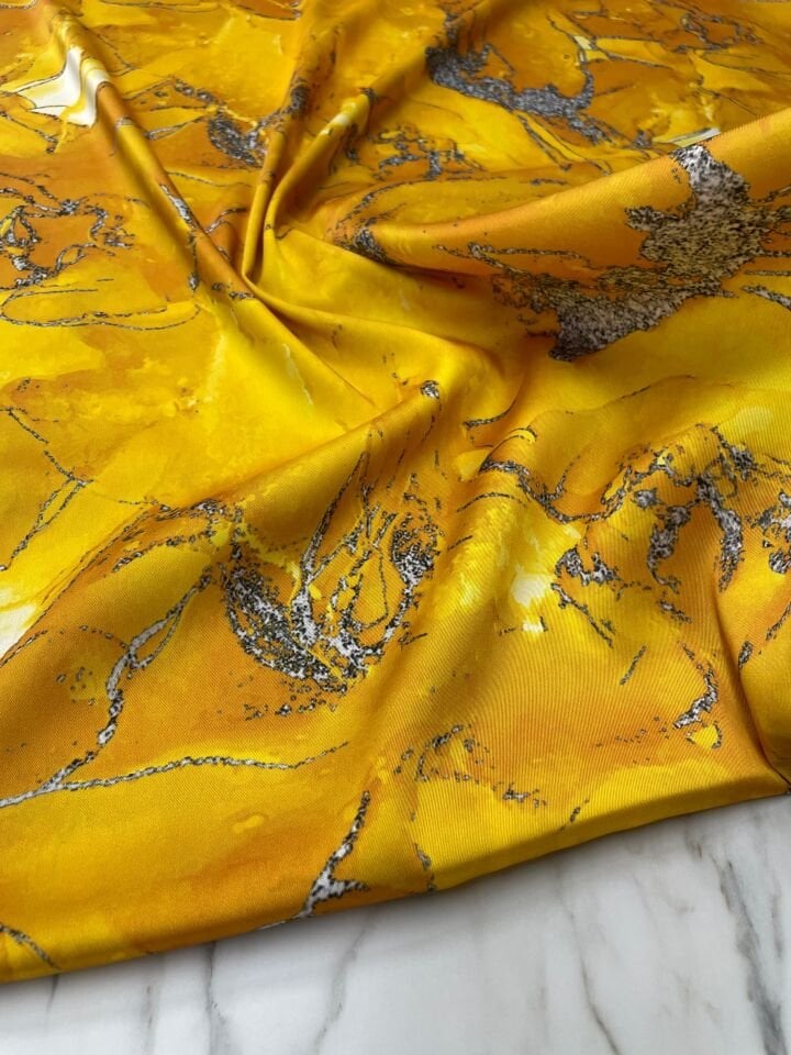 Sarı Mermer Desen Elbiselik Gömleklik Tivil Saten Kumaş
