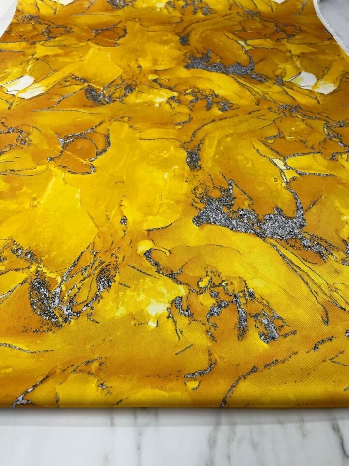 Sarı Mermer Desen Elbiselik Gömleklik Tivil Saten Kumaş