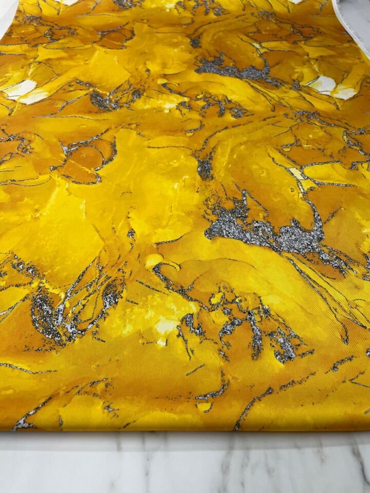 Sarı Mermer Desen Elbiselik Gömleklik Tivil Saten Kumaş
