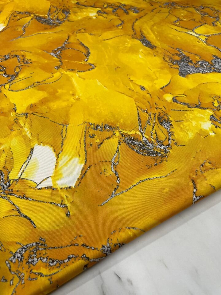 Sarı Mermer Desen Elbiselik Gömleklik Tivil Saten Kumaş