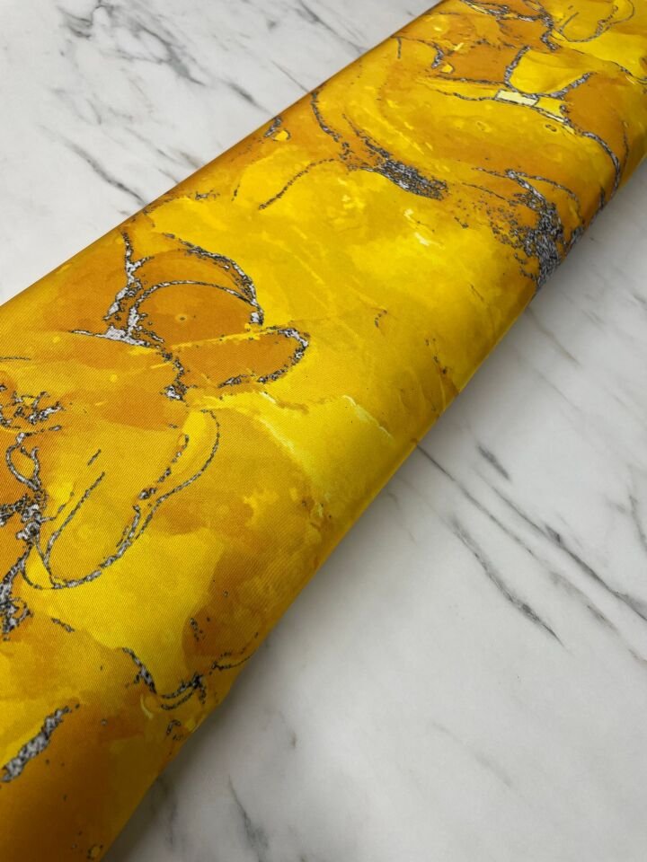 Sarı Mermer Desen Elbiselik Gömleklik Tivil Saten Kumaş