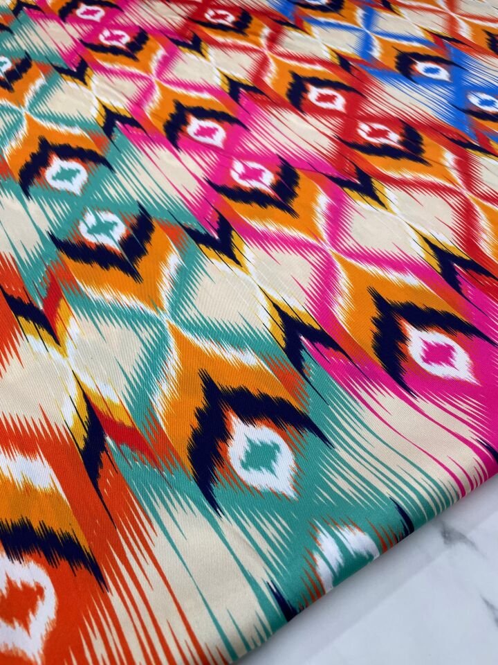 Renkli İkat Desen Elbiselik Gömleklik Tivil Saten Kumaş