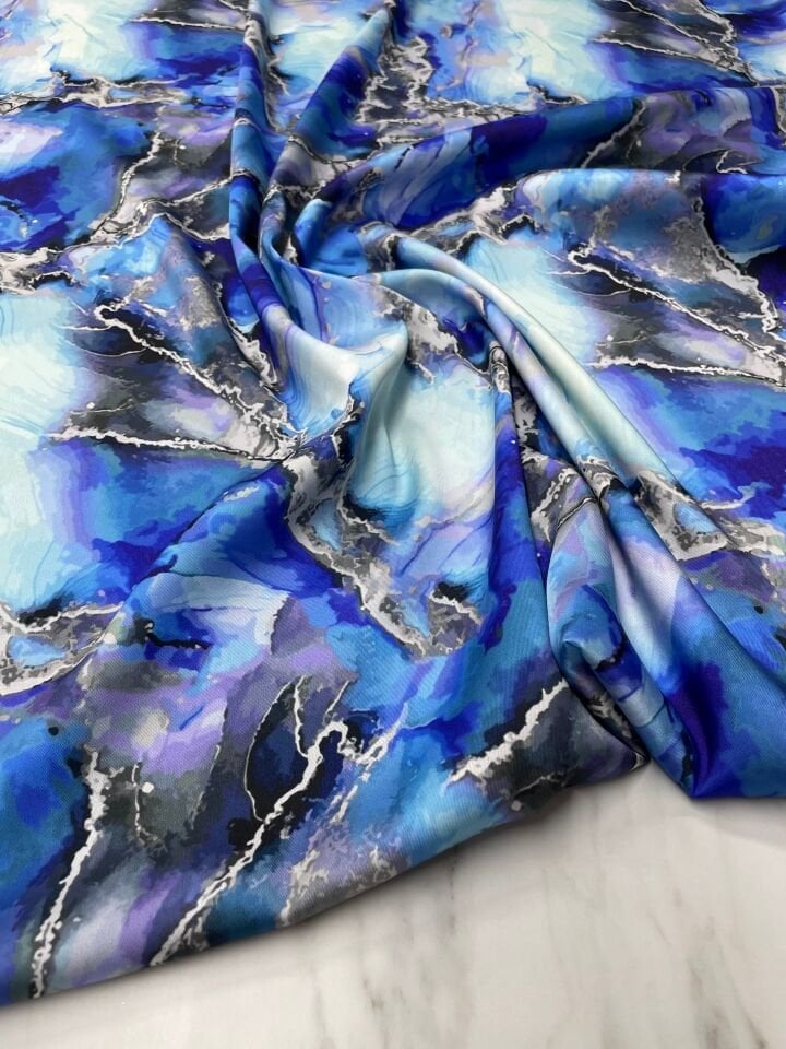 Mavi Mermer Desen Elbiselik Gömleklik Tivil Saten Kumaş