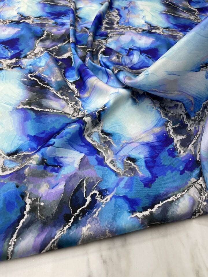 Mavi Mermer Desen Elbiselik Gömleklik Tivil Saten Kumaş