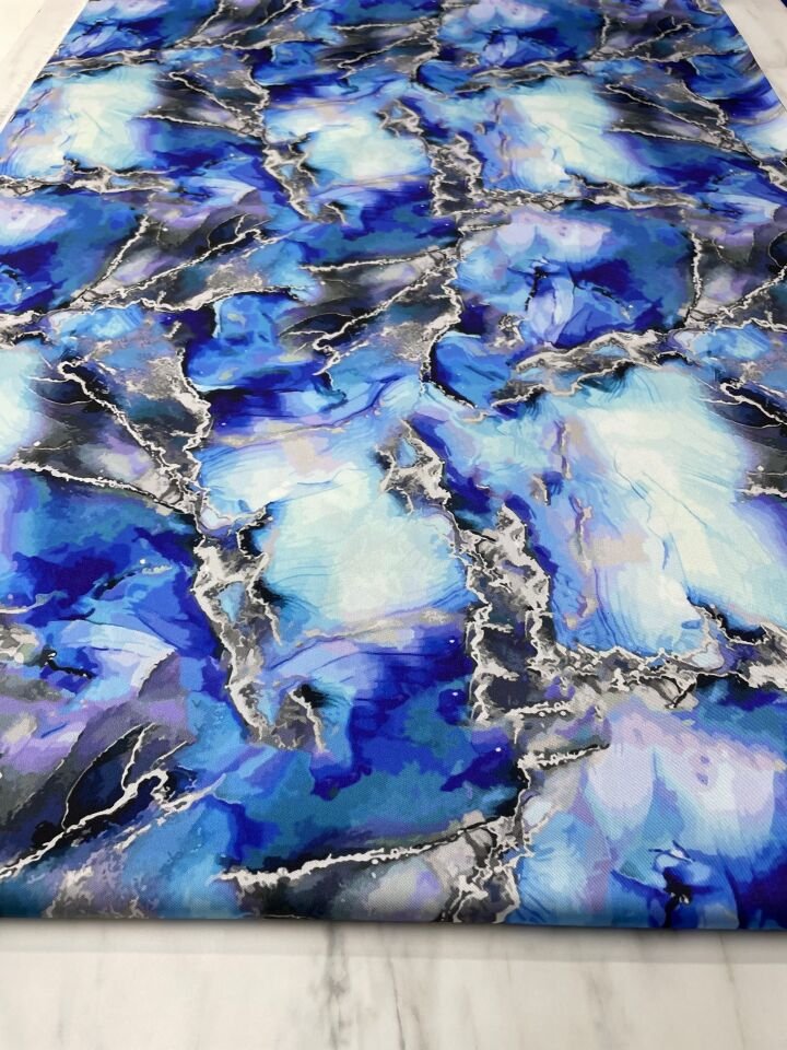 Mavi Mermer Desen Elbiselik Gömleklik Tivil Saten Kumaş