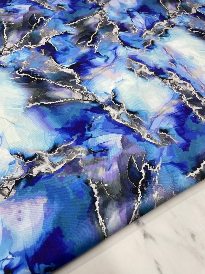 Mavi Mermer Desen Elbiselik Gömleklik Tivil Saten Kumaş