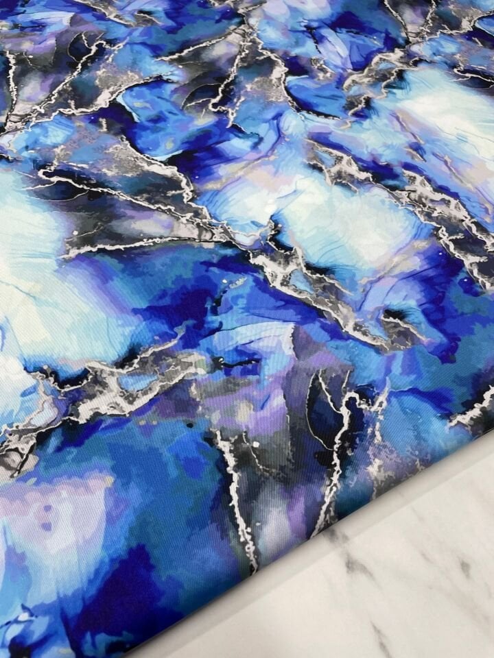 Mavi Mermer Desen Elbiselik Gömleklik Tivil Saten Kumaş