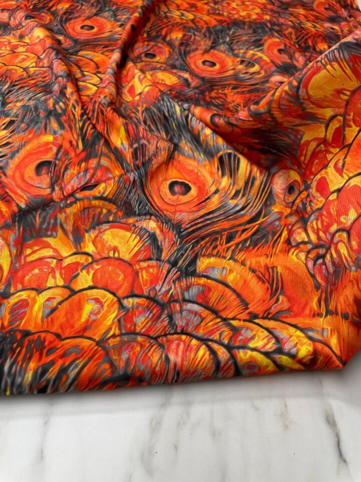 Turuncu Tavus Tüyü Desen Elbiselik Gömleklik Tivil Saten Kumaş
