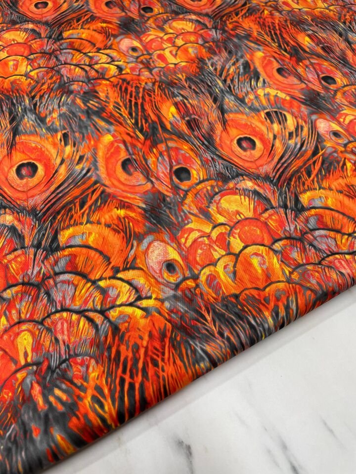 Turuncu Tavus Tüyü Desen Elbiselik Gömleklik Tivil Saten Kumaş