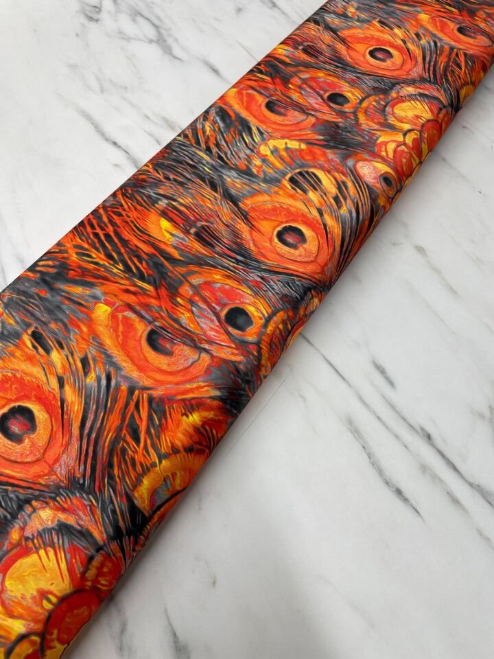 Turuncu Tavus Tüyü Desen Elbiselik Gömleklik Tivil Saten Kumaş