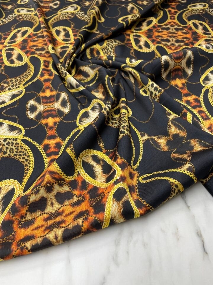 Leopar Detaylı Zincir Desen Elbiselik Gömleklik Tivil Saten Kumaş